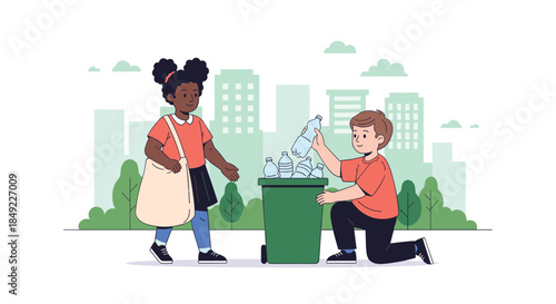 Two children responsibly put plastic bottles into a green recycling bin in a city park to help protect the environment from waste.