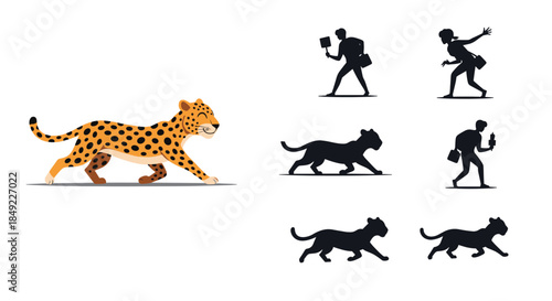 Spotted leopard walking next to silhouettes of humans and other animals in various poses on a clean white background.