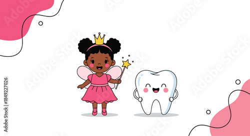 Cute black tooth fairy girl wearing a pink dress and crown holding a magic wand next to a happy cartoon tooth.