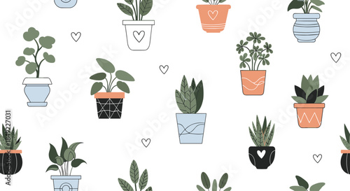 Seamless pattern featuring a variety of green indoor house plants in different colorful pots on a white background.