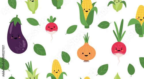 Cute seamless pattern with smiling cartoon vegetables like eggplant, radish, corn and onion on a white background.