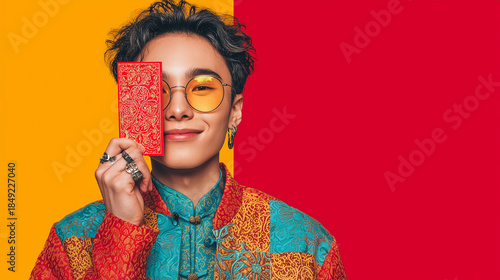 Radiant Red: A portrait of a person confidently holding a red card, their eyes framed by stylish glasses and the background bursting with vibrant colors. Lunar new year