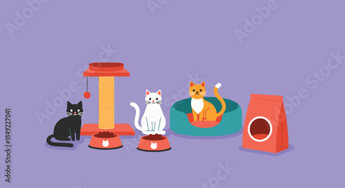 Three cute cats of different colors sitting near a scratching post and a food bowl on a solid purple background.