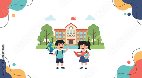 Two happy school children standing in front of a school building with trees and a globe on a white background.