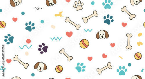 Cute dog themed seamless pattern featuring puppies paw prints bones balls and hearts on a white background.