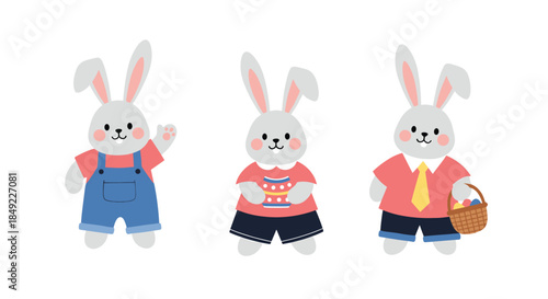 Three cute grey Easter bunnies wearing different colorful clothes and holding a basket with eggs on a white background.