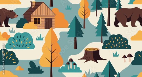 Seamless pattern background featuring a wooden cabin in a forest with tall trees bushes and large brown bears.