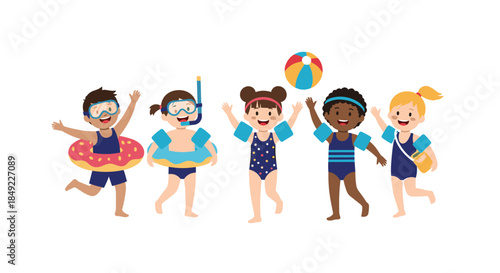 Group of five diverse children wearing swimsuits and water wings ready for a day of swimming on a white background.