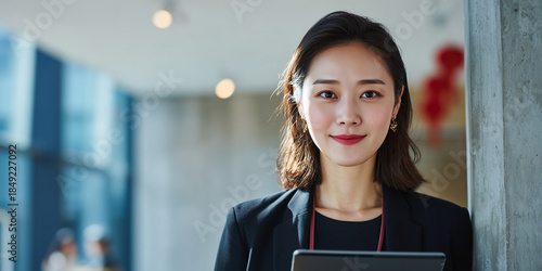 Confident Professional: Portrait of a Asian poised and composed businesswoman, radiating assurance and expertise in a modern, well-lit office setting. 