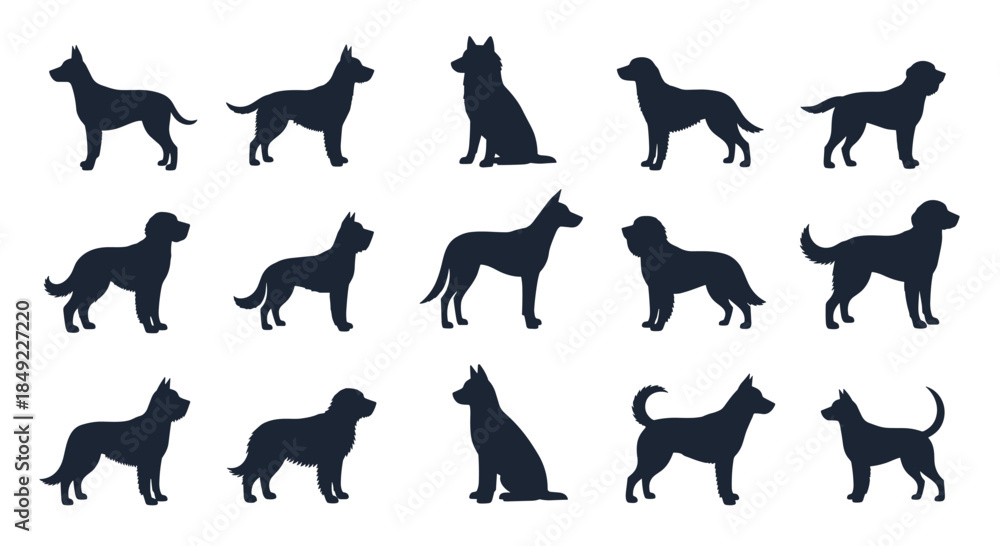 Fototapeta premium Extensive collection of various dog breed silhouettes in side view and sitting positions isolated on a clean white background.