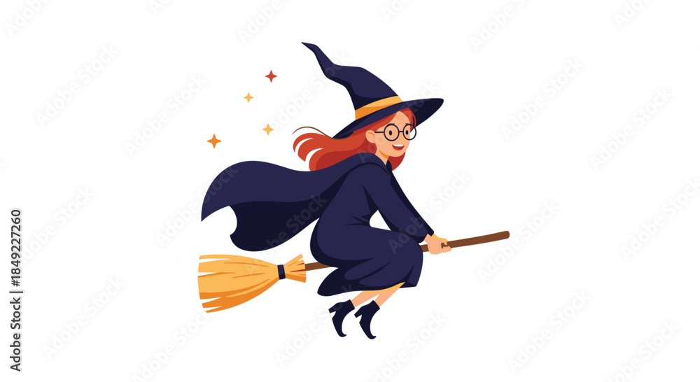 Obraz premium Cheerful young witch with red hair and glasses flying on a magic wooden broomstick wearing a purple hat and cloak with stars.