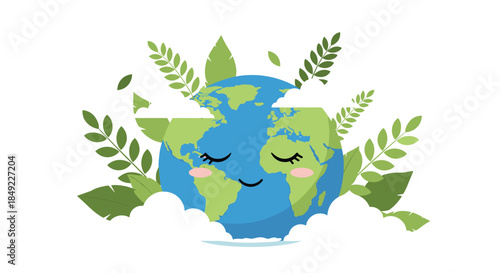 Adorable earth day illustration featuring a happy sleeping globe surrounded by green leaves and fluffy white clouds on a plain background.