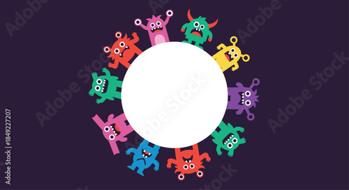 Group of various colorful little monsters standing around a white central circle for text placement on a dark purple background.