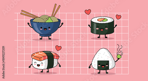 Set of cute japanese food characters featuring ramen bowl, sushi rolls, and onigiri with happy faces and hearts on a pink grid background.