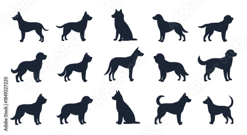 Extensive collection of various dog breed silhouettes in side view and sitting positions isolated on a clean white background.