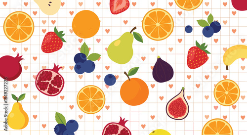 Seamless pattern design with various colorful hand drawn fruits including oranges, strawberries, pears, and berries on a white grid with hearts.