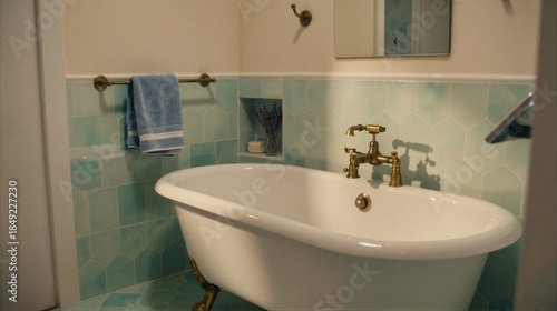 Wallpaper Mural A white freestanding bathtub with brass fixtures in a bathroom with light blue hexagonal tiles and a towel rack. Torontodigital.ca