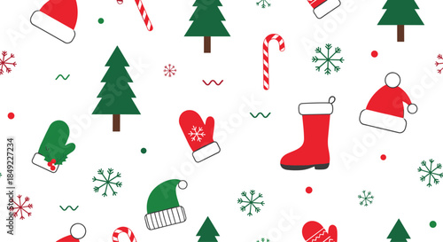 Festive christmas seamless pattern featuring pine trees, santa hats, mittens, boots, candy canes, and snowflakes on a white background.
