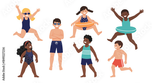 Collection of happy children in swimsuits playing, jumping, and using inflatable rings for summer water activities and pool fun.