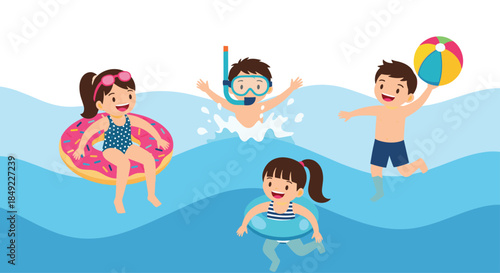 Group of happy young children swimming and playing in ocean waves with beach balls, snorkels, and inflatable rings in summer.