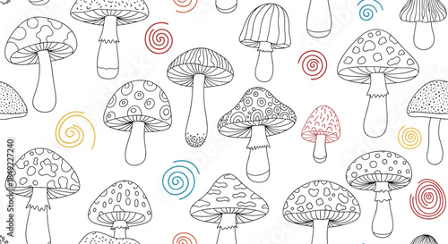 Seamless pattern of various hand drawn mushroom outlines with colorful spiral details on a white background for coloring or design.
