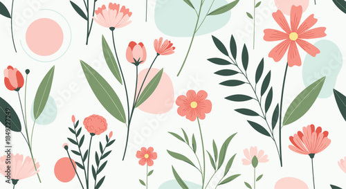 Beautiful seamless pattern of various delicate wildflowers and green leaves with pastel shapes on a light cream background for textiles.