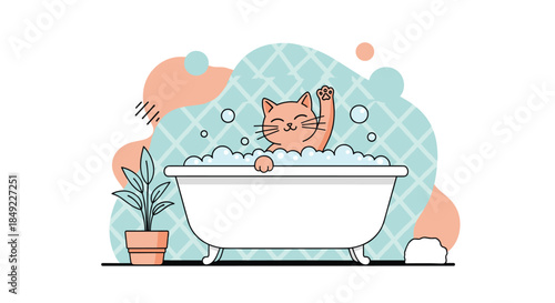 Cute cartoon ginger cat sitting in a white bathtub filled with soap bubbles waving its paw in a bathroom setting with a plant.