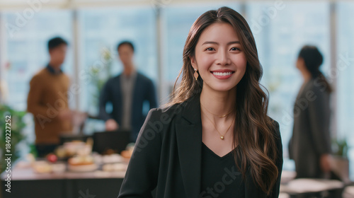  poised and confident Asian businesswoman with a radiant smile exudes professionalism and charm in a modern office setting. She stands as a beacon of leadership.