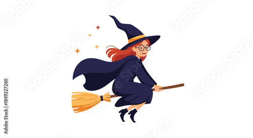 Cheerful young witch with red hair and glasses flying on a magic wooden broomstick wearing a purple hat and cloak with stars.