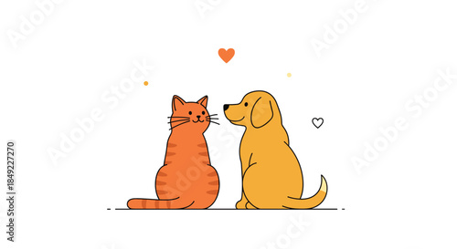 Simple line art illustration of a ginger cat and a golden dog sitting together and facing each other with orange hearts above.