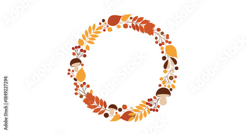 Autumn wreath made of orange leaves, berries, and forest mushrooms perfect for fall season decorations and harvest festival themes.
