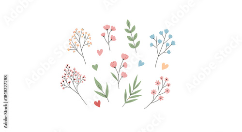 Set of hand drawn delicate flower branches and green leaves with small hearts in soft colors isolated on a white background.