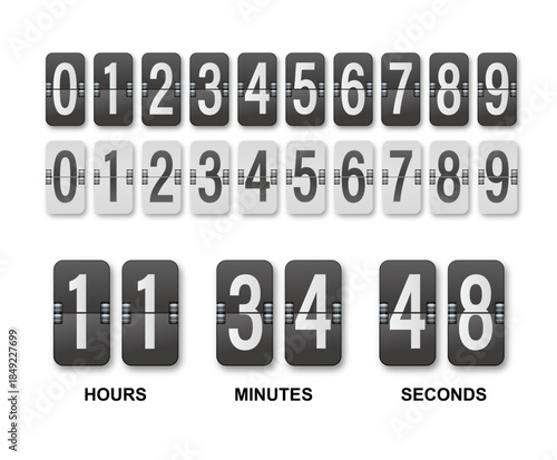 Clock countdown display. Set numbers flip watch. Black and white date counter flip display isolated on white background