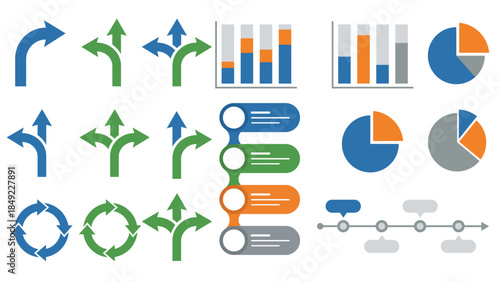 Business Process Flow and Data Visualization Vector Design Icons Set with Arrows, Charts, Pie Graphs, Timeline and Infographic Elements – Flat Analytics Symbols Isolated on Transparent Background