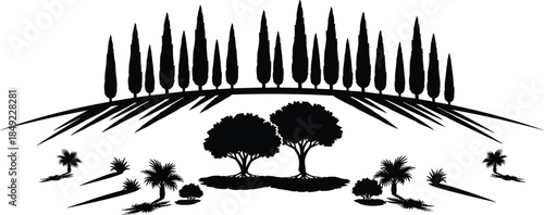 Black Mediterranean landscape silhouette with cypress trees on hill, olive trees, palm bushes, and garden elements for nature travel or outdoor vector design,