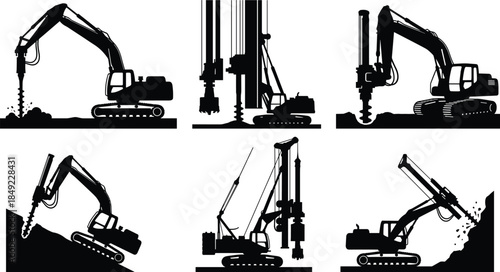 Heavy machinery drilling excavator silhouette set with rotary drill rig for foundation work, construction site engineering, and industrial ground boring vector illustration,