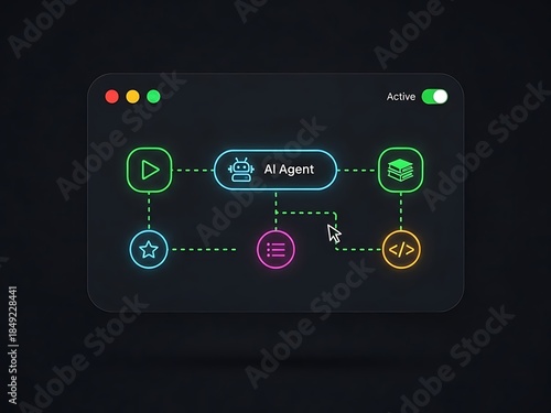 A I agent workflow diagram with neon icons and connections