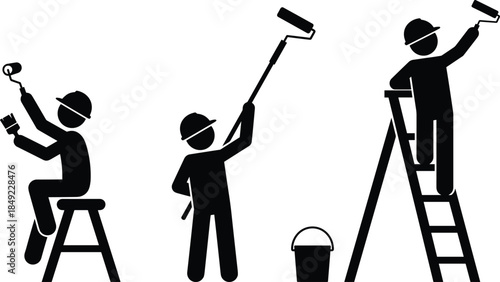 House painter worker silhouette set with paint rollers, brushes, and ladders for home renovation, professional interior decorating service, and construction vector illustration,