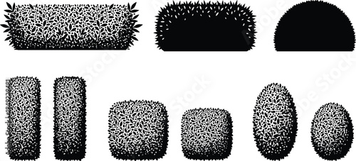Collection of black bush silhouettes, garden hedge vector elements, decorative shrub shapes, evergreen plant borders, and topiary landscape greenery icons for outdoor design.