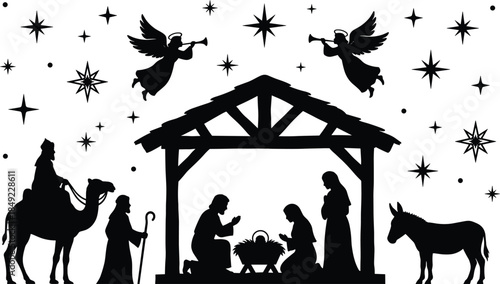 Nativity scene silhouette with holy family, baby Jesus in manger, shepherds, wise men on camel, angels, donkey, and stars for Christmas celebration,