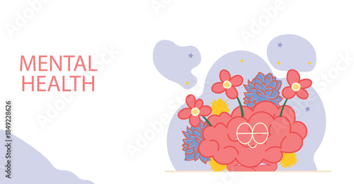 Mental health wellbeing concept illustration. Human brain with flowers symbolizing growth, healing and emotional balance. Flat modern design for psychology, therapy and wellness awareness projects.