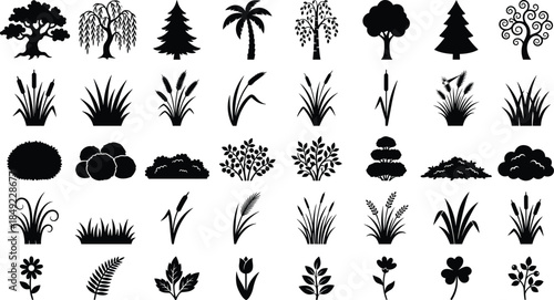 Nature vector silhouettes collection featuring diverse trees, bushes, wild grasses, garden flowers, forest plants, foliage elements, and outdoor landscape greenery icons for creative designs.
