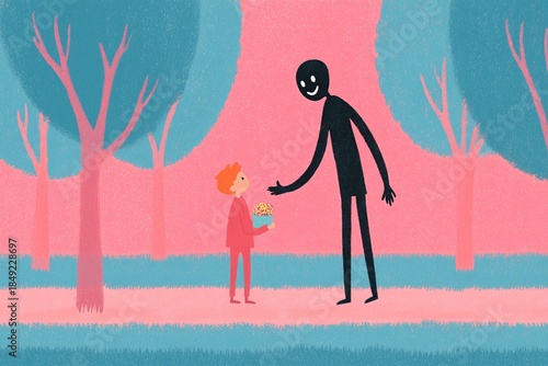 Wallpaper Mural Flat Illustration of Suspicious Man Offering Candy to Curious Child in Pastel Park Setting Torontodigital.ca