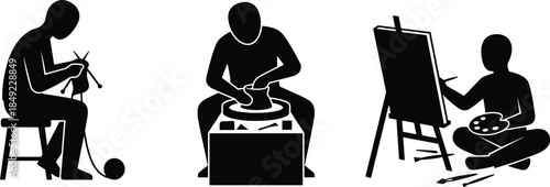 Vector black silhouette set of people engaged in creative artistic hobbies, knitting yarn, making pottery on wheel, and painting on canvas, craft activities.