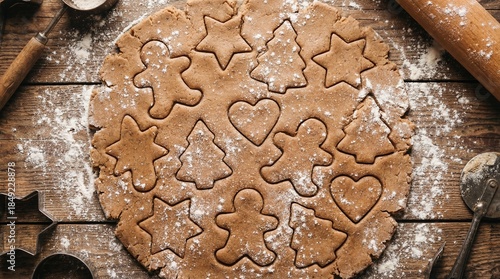 Top Down View of Raw Gingerbread Dough with Christmas Themed Cookie Cutouts on Floured Rustic Wooden Table