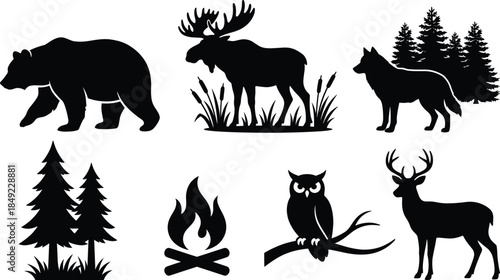 Vector black silhouette set of wild forest animals, grizzly bear, moose, wolf, deer, owl, campfire, and pine trees isolated on white background, wildlife nature.