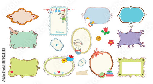 Cute Hand Drawn Decorative Frame Set for Kids, Colorful Cartoon Label Borders, Childish Doodle Frames, Fun Baby Illustration Elements, Playful Nursery Design Collection