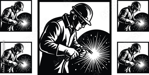 Welder worker silhouette in square frame set, industrial metalwork manufacturing process with sparks vector illustration, professional welding service and metal construction,