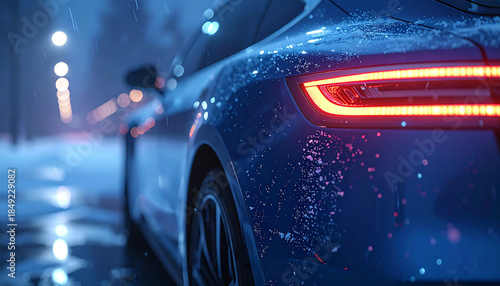 Nighttime Drive: A sleek, modern car glides through the night, its taillight casting a warm glow on the wet road, reflecting the city lights. An image evoking the feeling of luxury and mobility.