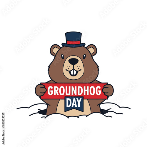 A cartoon groundhog wearing a top hat holds a Groundhog Day sign emerging from snow.
